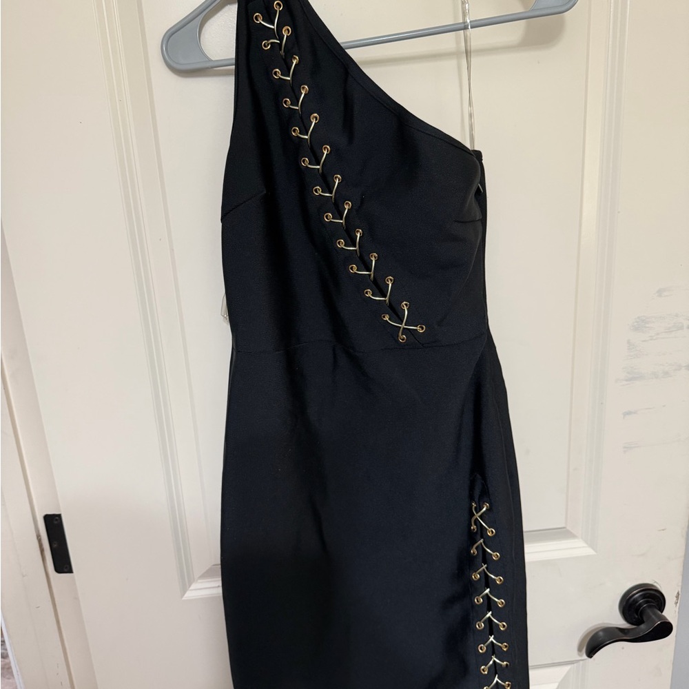 Fashion Nova Black One-Shoulder Dress with Gold Accents